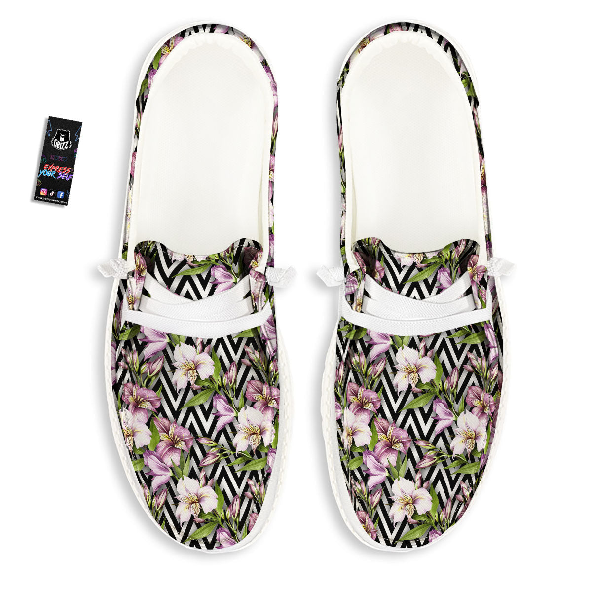 Zigzag Alstroemeria Purple Print Pattern White Loafers-grizzshop