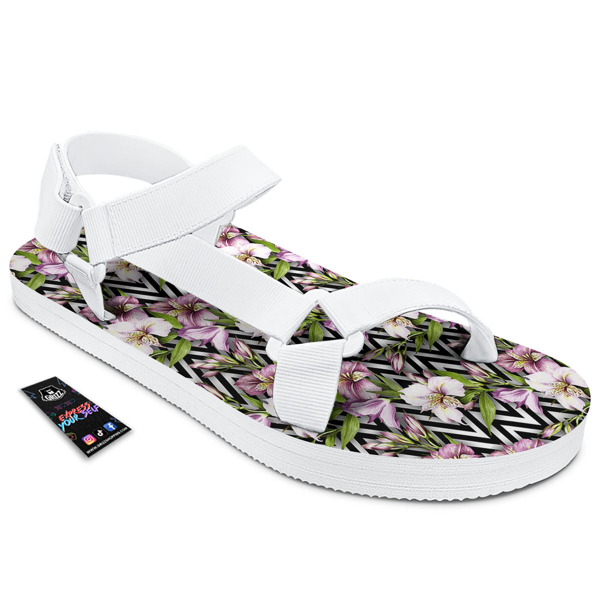 Zigzag Alstroemeria Purple Print Pattern White Open Toe Sandals-grizzshop