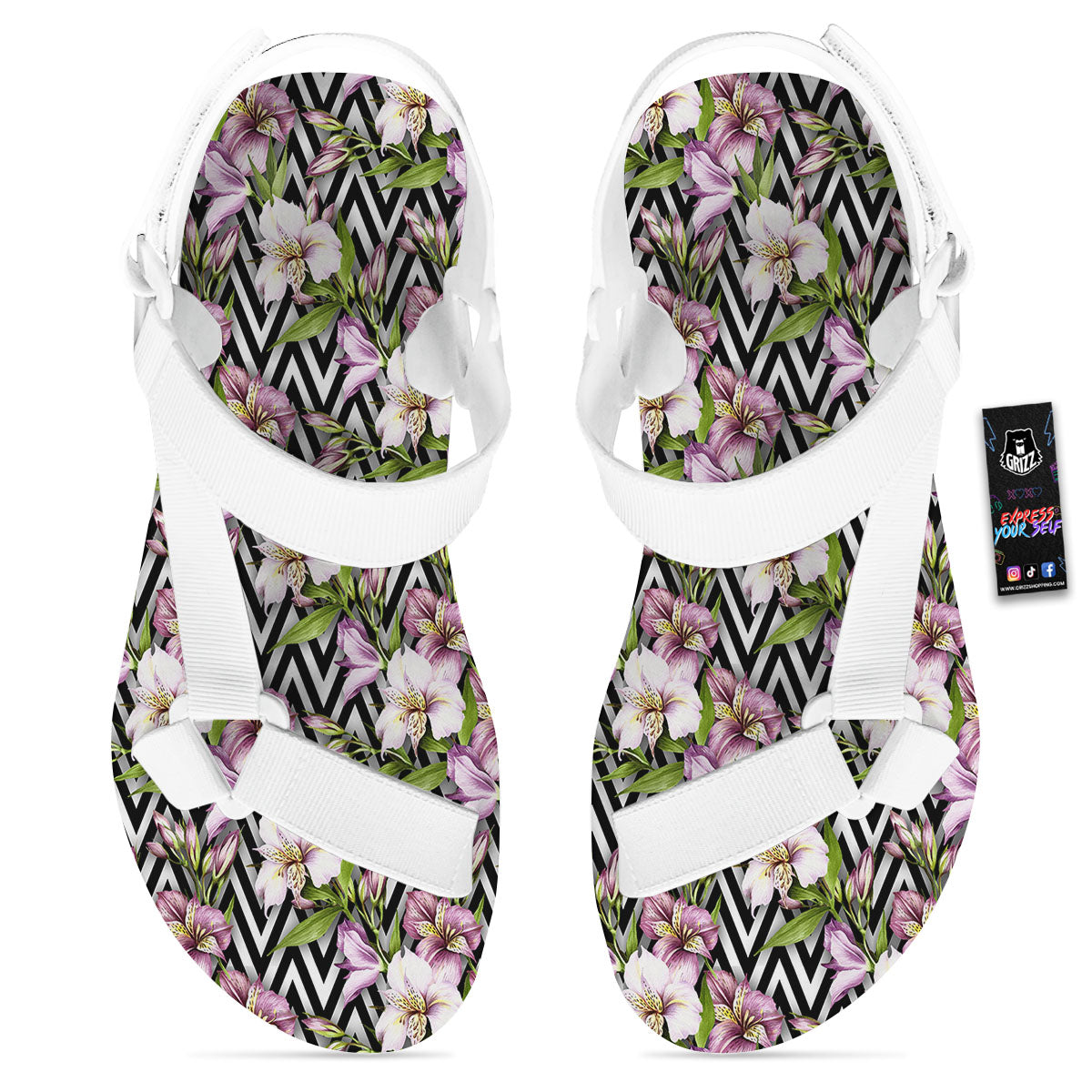 Zigzag Alstroemeria Purple Print Pattern White Open Toe Sandals-grizzshop