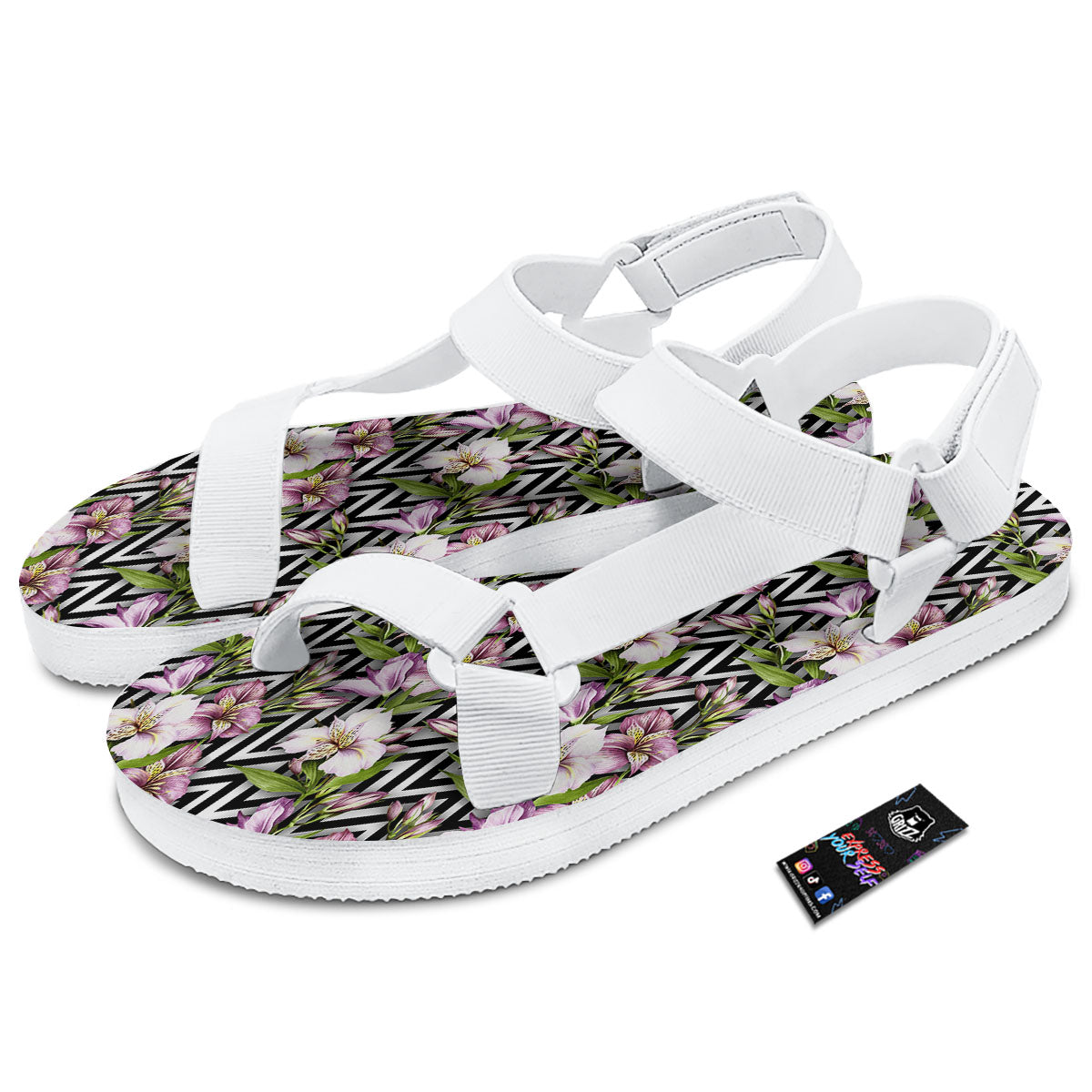 Zigzag Alstroemeria Purple Print Pattern White Open Toe Sandals-grizzshop