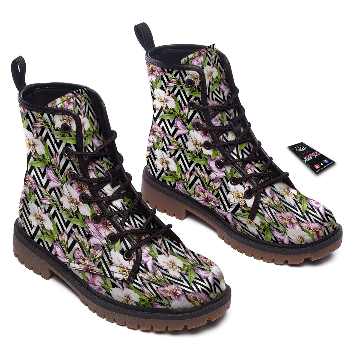 Zigzag Alstroemeria Purple Print Pattern Work Boots-grizzshop