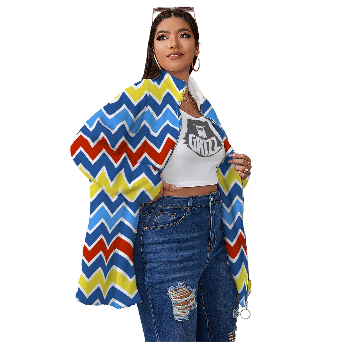 Zigzag Autism Awareness Color Print Pattern Women's Sherpa Jacket-grizzshop