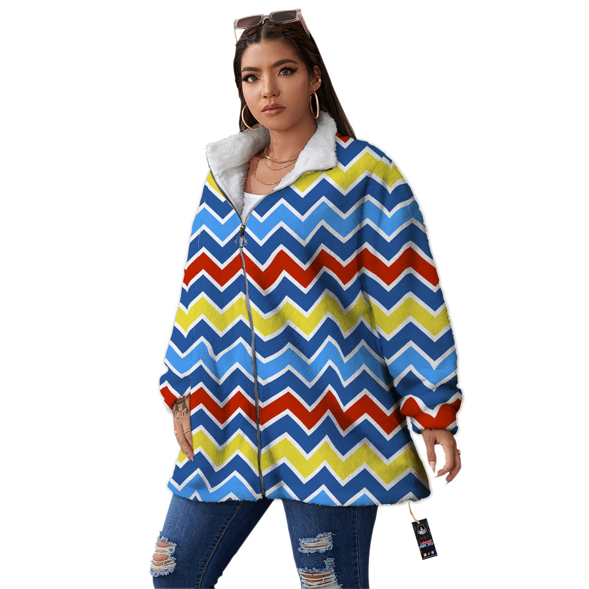 Zigzag Autism Awareness Color Print Pattern Women's Sherpa Jacket-grizzshop