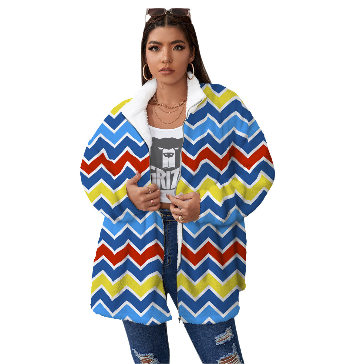 Zigzag Autism Awareness Color Print Pattern Women's Sherpa Jacket-grizzshop