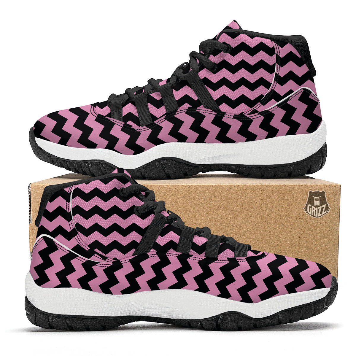 Zigzag Black And Pink Print Pattern Black Bball Shoes-grizzshop