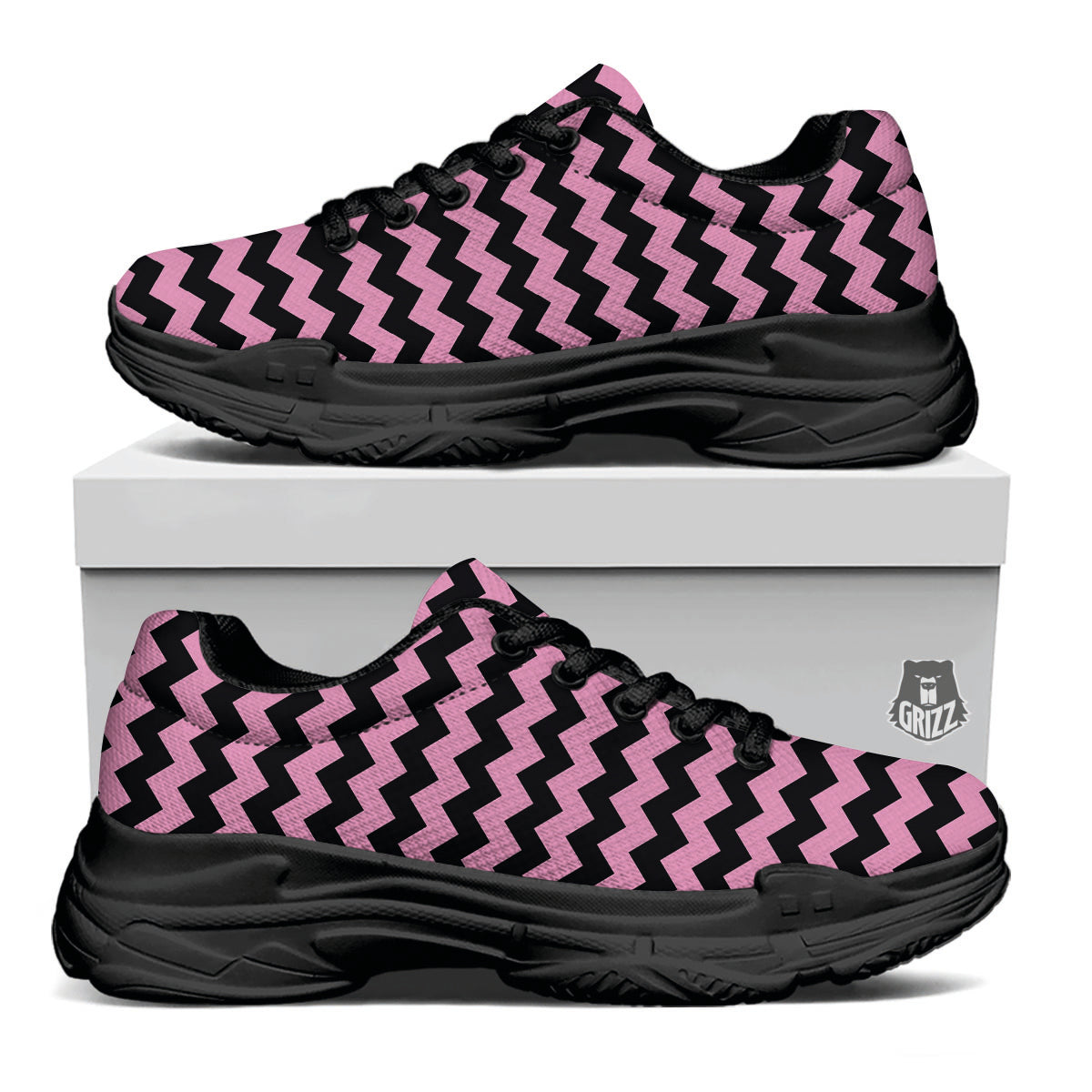 Zigzag Black And Pink Print Pattern Black Chunky Shoes-grizzshop