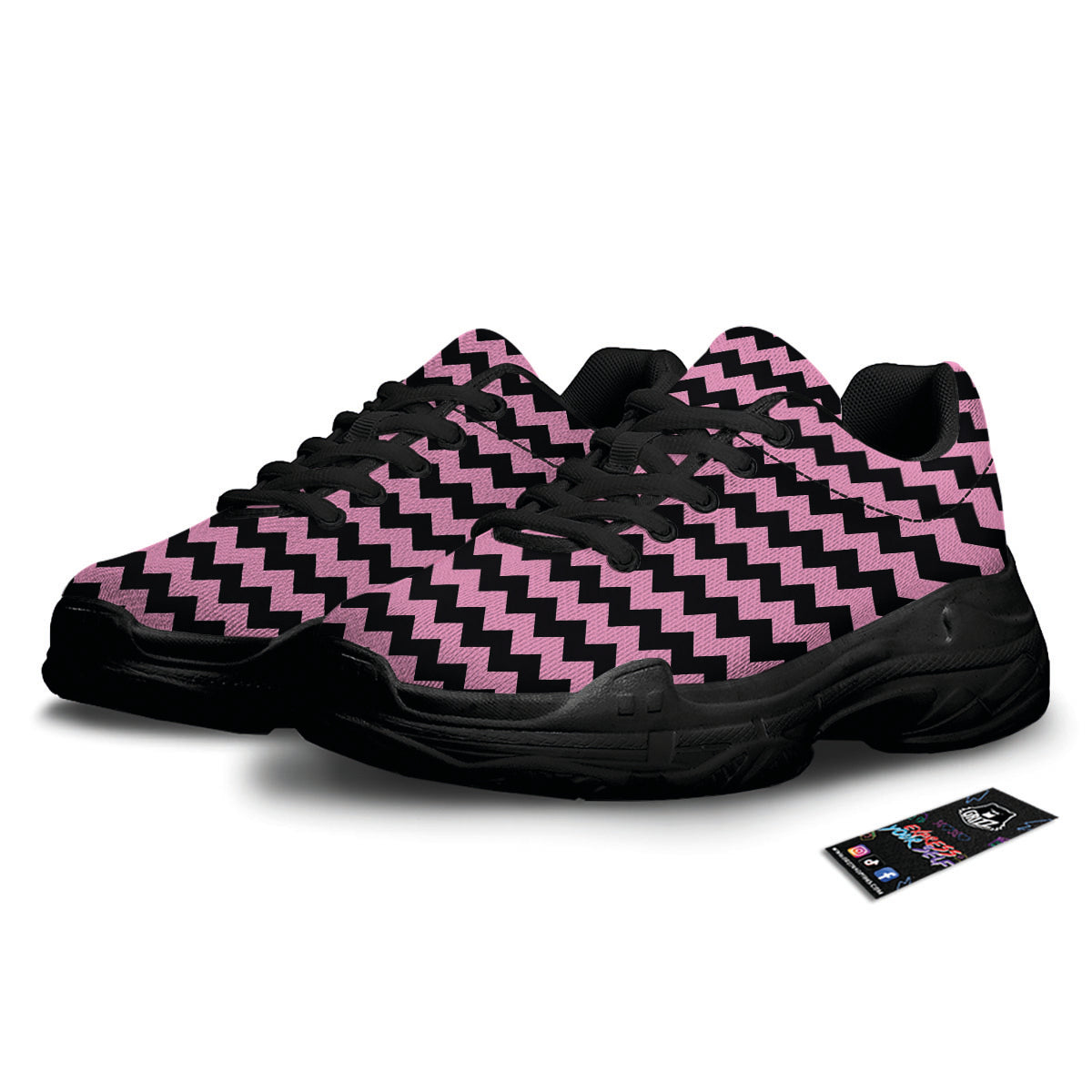 Zigzag Black And Pink Print Pattern Black Chunky Shoes-grizzshop