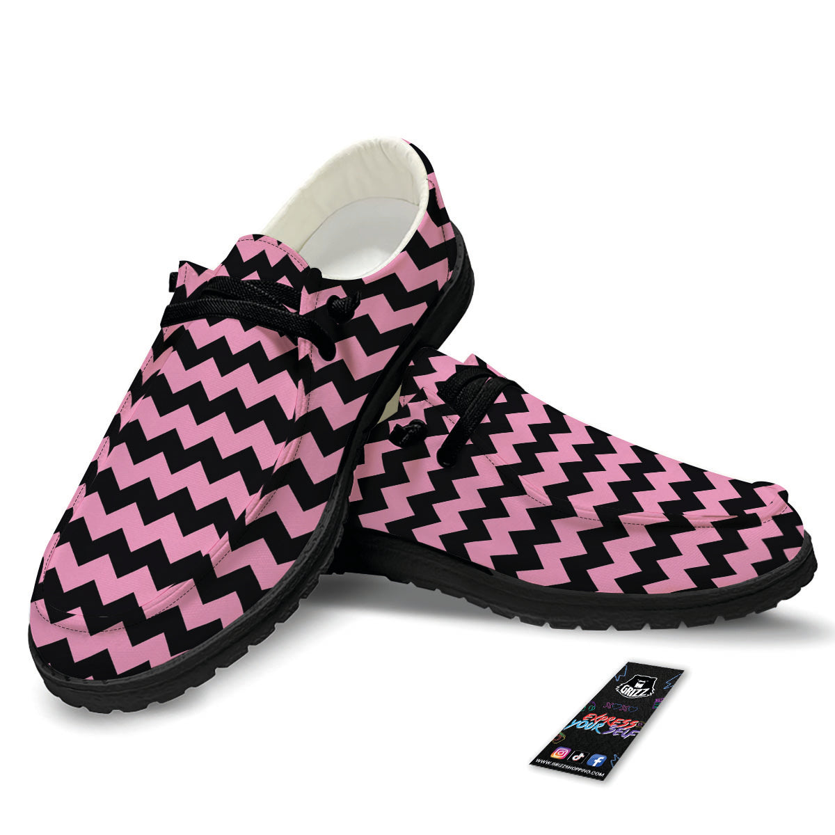 Zigzag Black And Pink Print Pattern Black Loafers-grizzshop