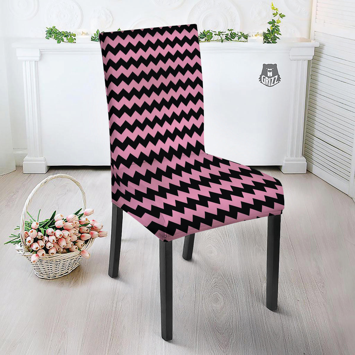 Zigzag Black And Pink Print Pattern Dining Chair Slipcover-grizzshop