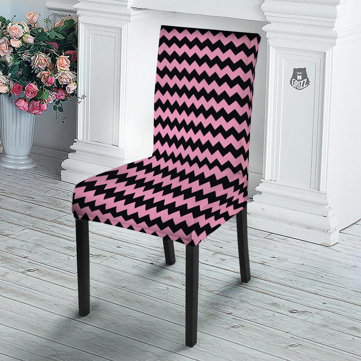 Zigzag Black And Pink Print Pattern Dining Chair Slipcover-grizzshop