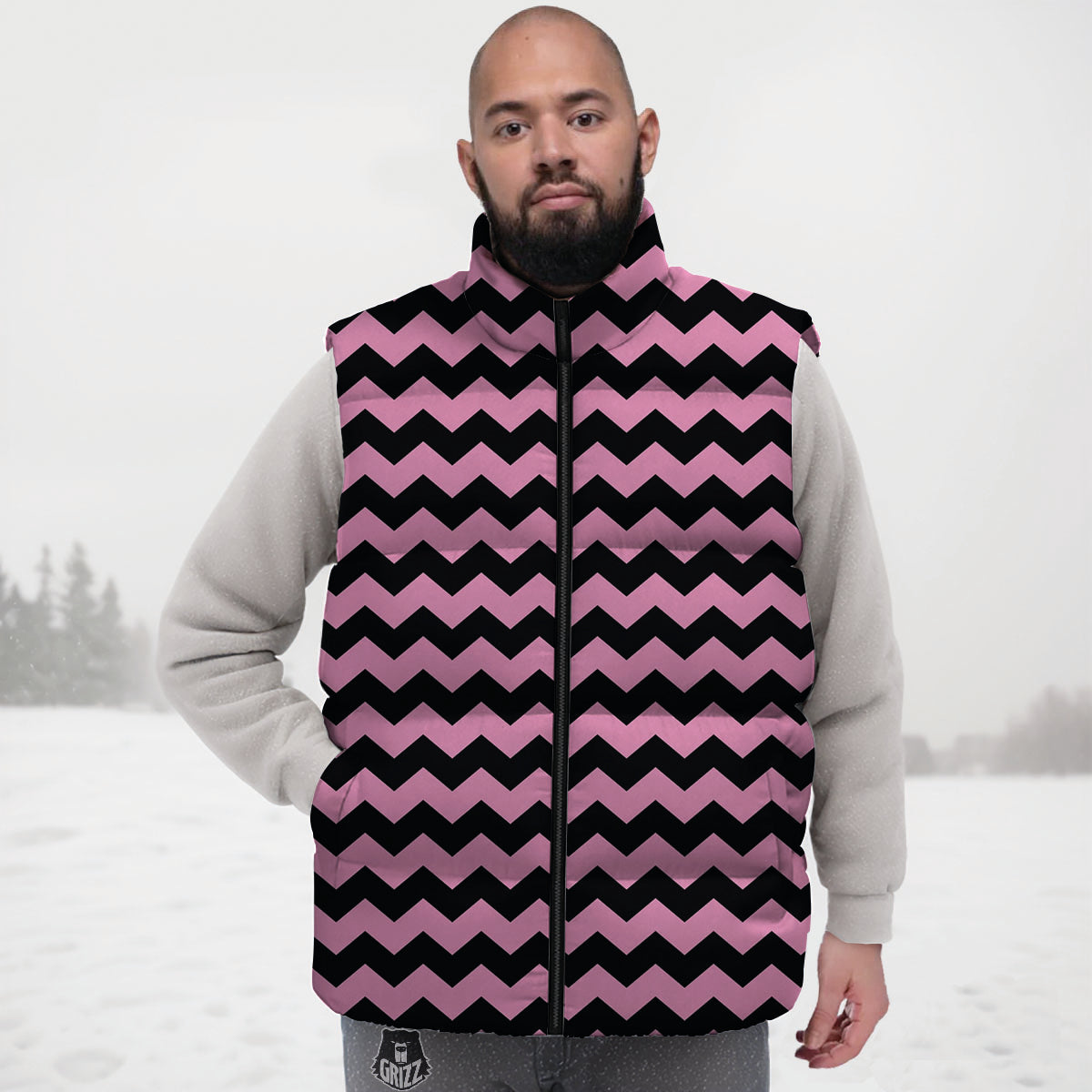 Zigzag Black And Pink Print Pattern Down Vest-grizzshop