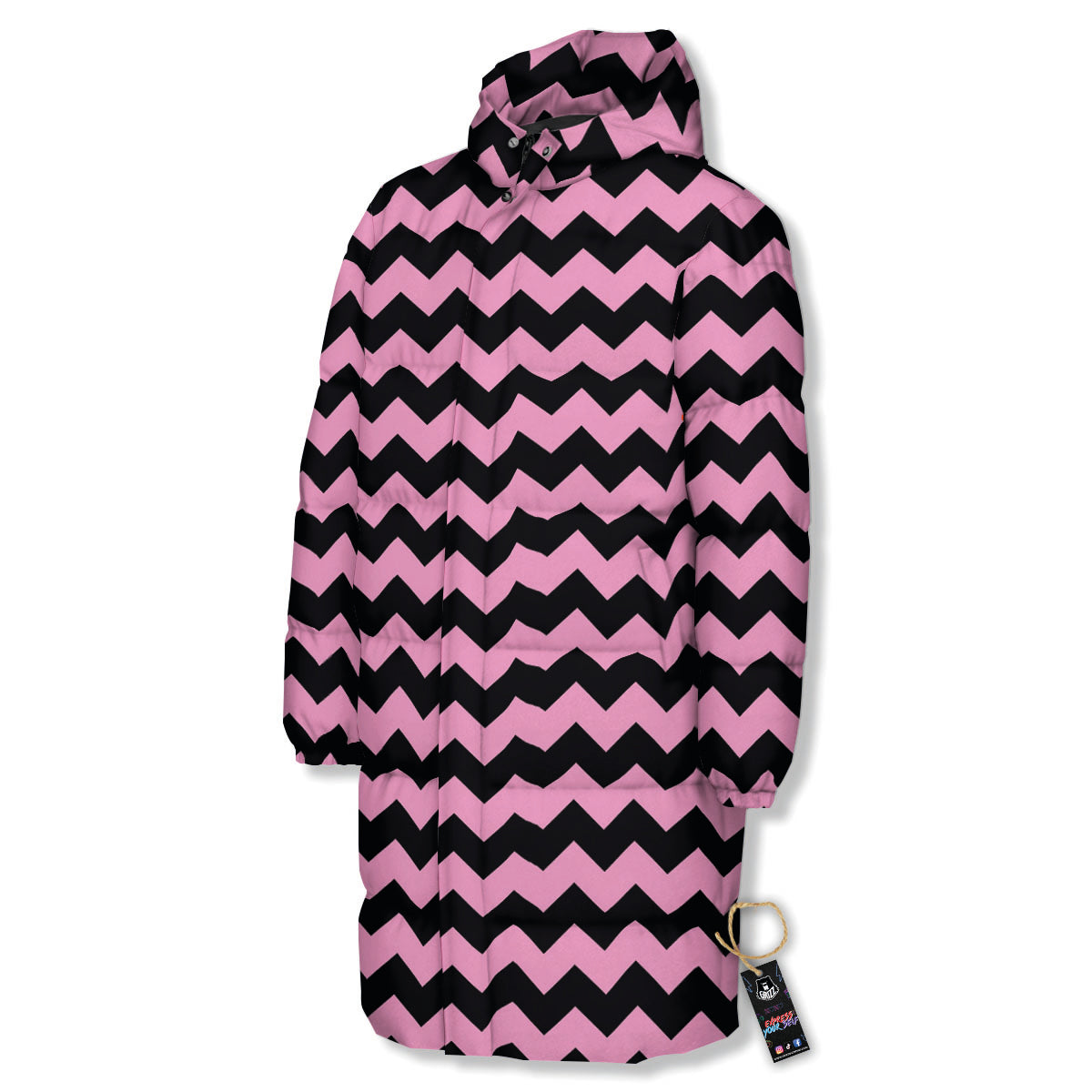 Zigzag Black And Pink Print Pattern Long Down Jacket-grizzshop