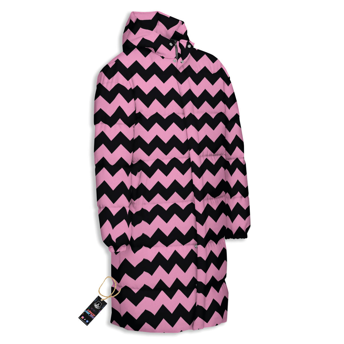 Zigzag Black And Pink Print Pattern Long Down Jacket-grizzshop
