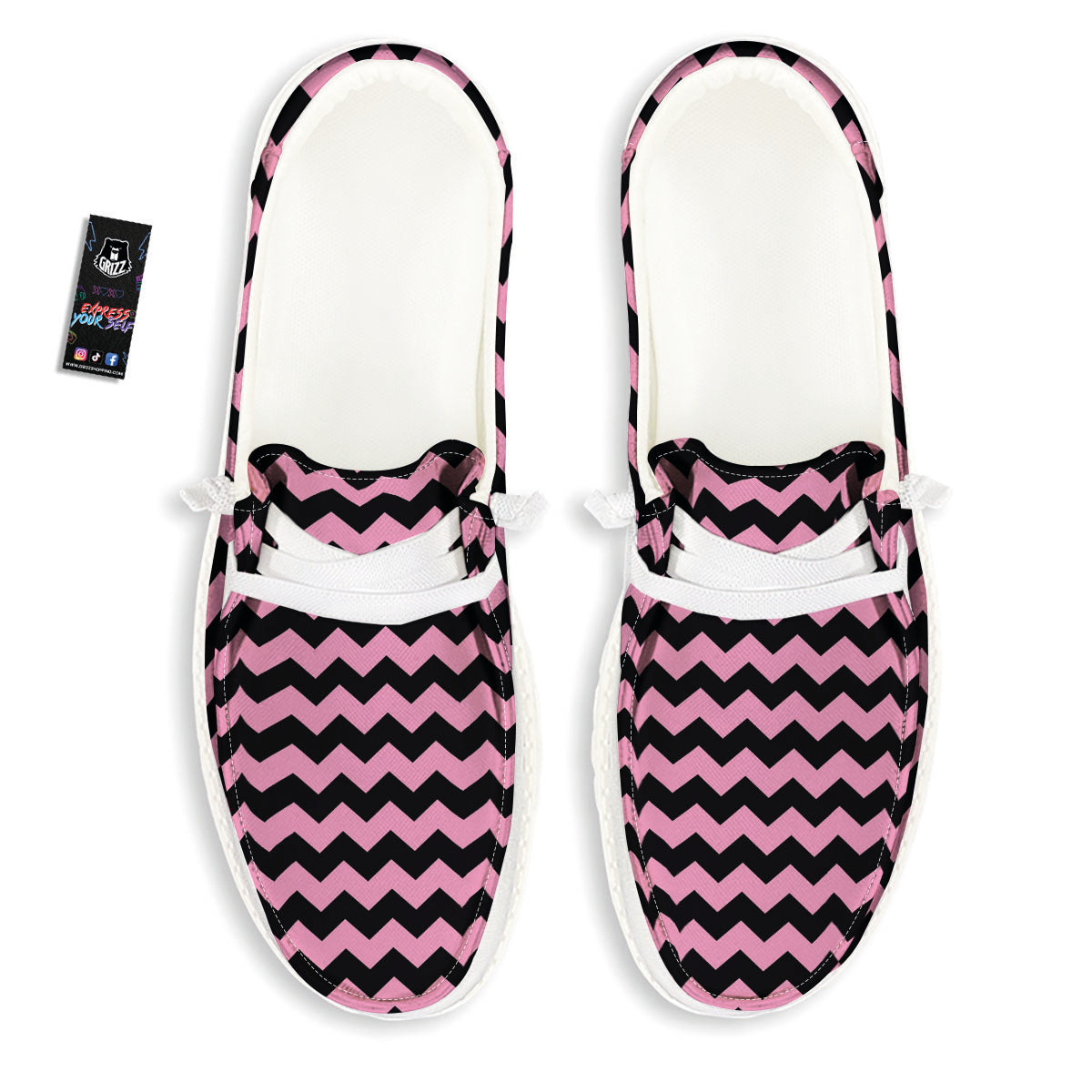 Zigzag Black And Pink Print Pattern White Loafers-grizzshop