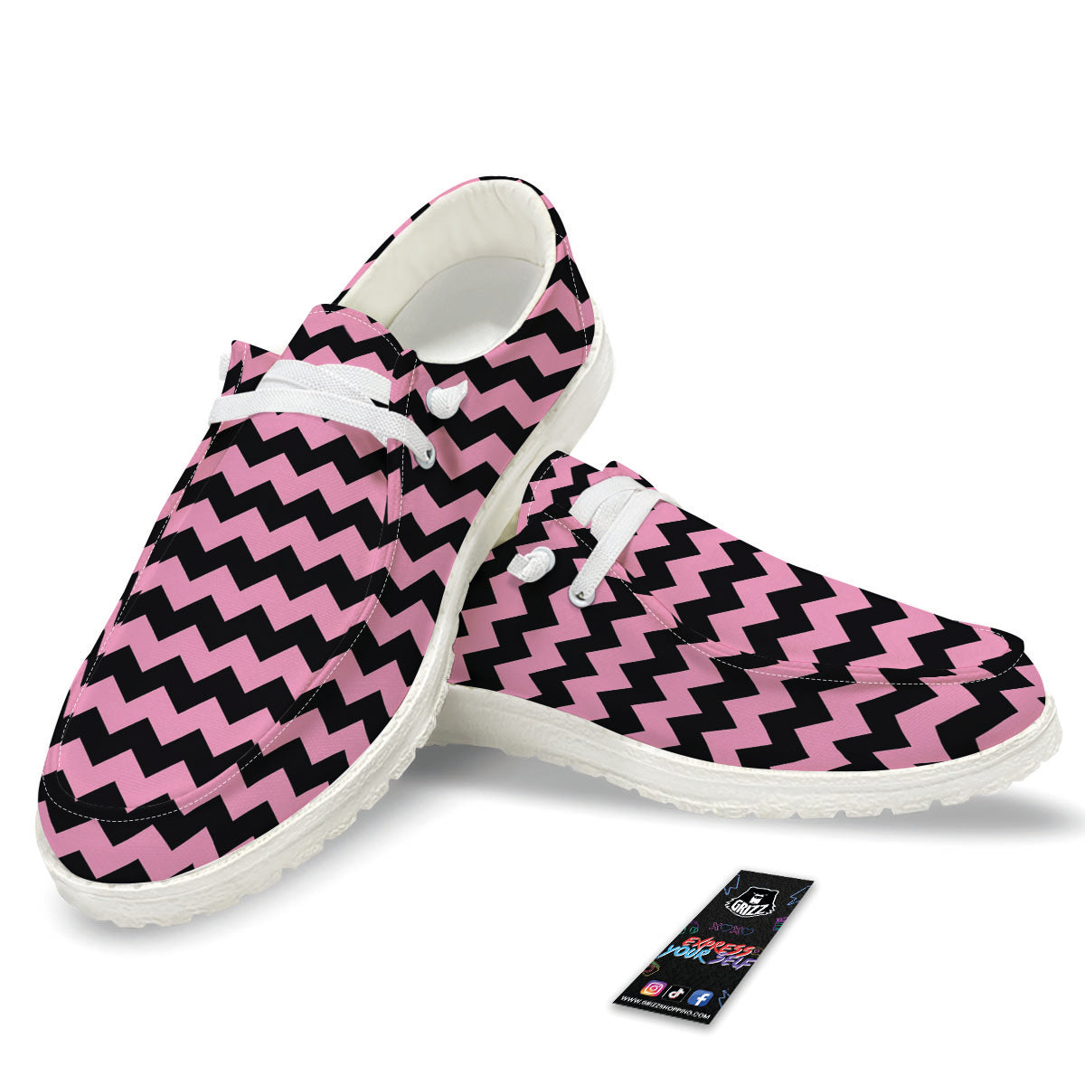 Zigzag Black And Pink Print Pattern White Loafers-grizzshop