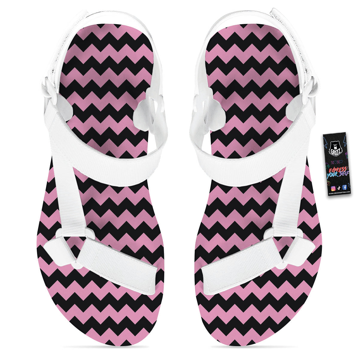 Zigzag Black And Pink Print Pattern White Open Toe Sandals-grizzshop