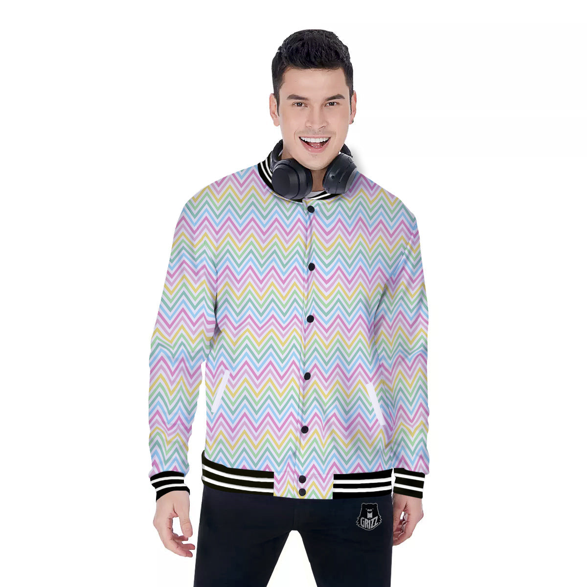 Zigzag Colorful Print Pattern Baseball Jacket-grizzshop