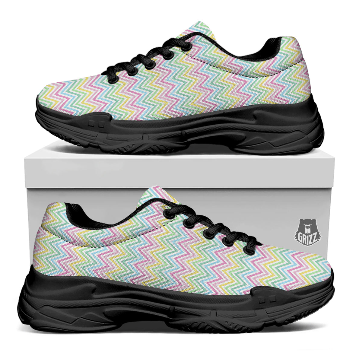 Zigzag Colorful Print Pattern Black Chunky Shoes-grizzshop