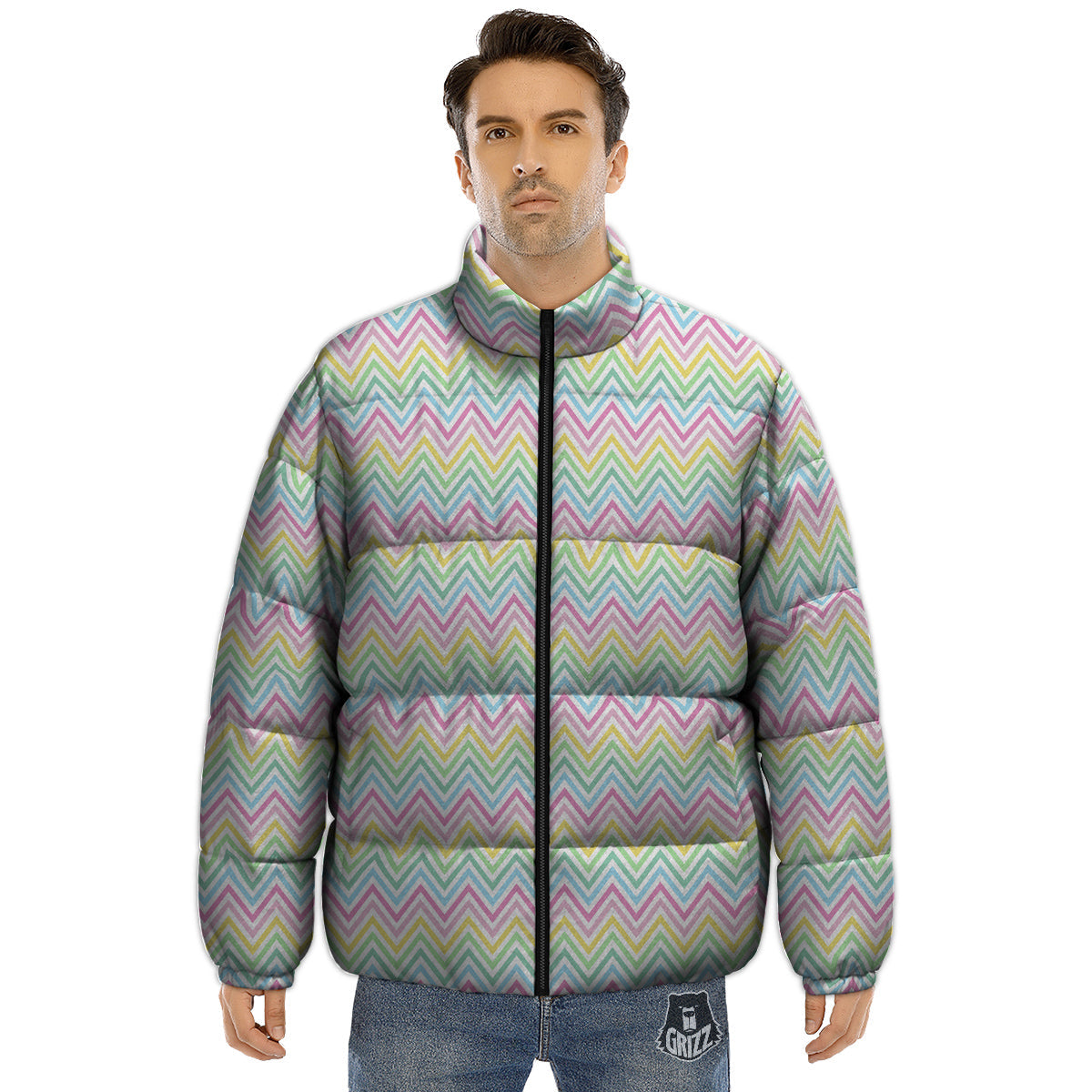 Zigzag Colorful Print Pattern Puffer Jacket-grizzshop