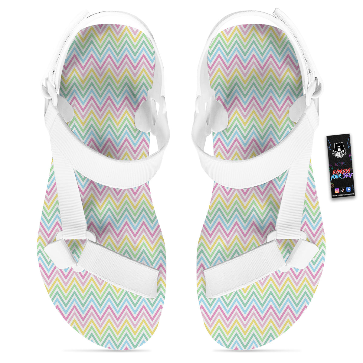 Zigzag Colorful Print Pattern White Open Toe Sandals-grizzshop