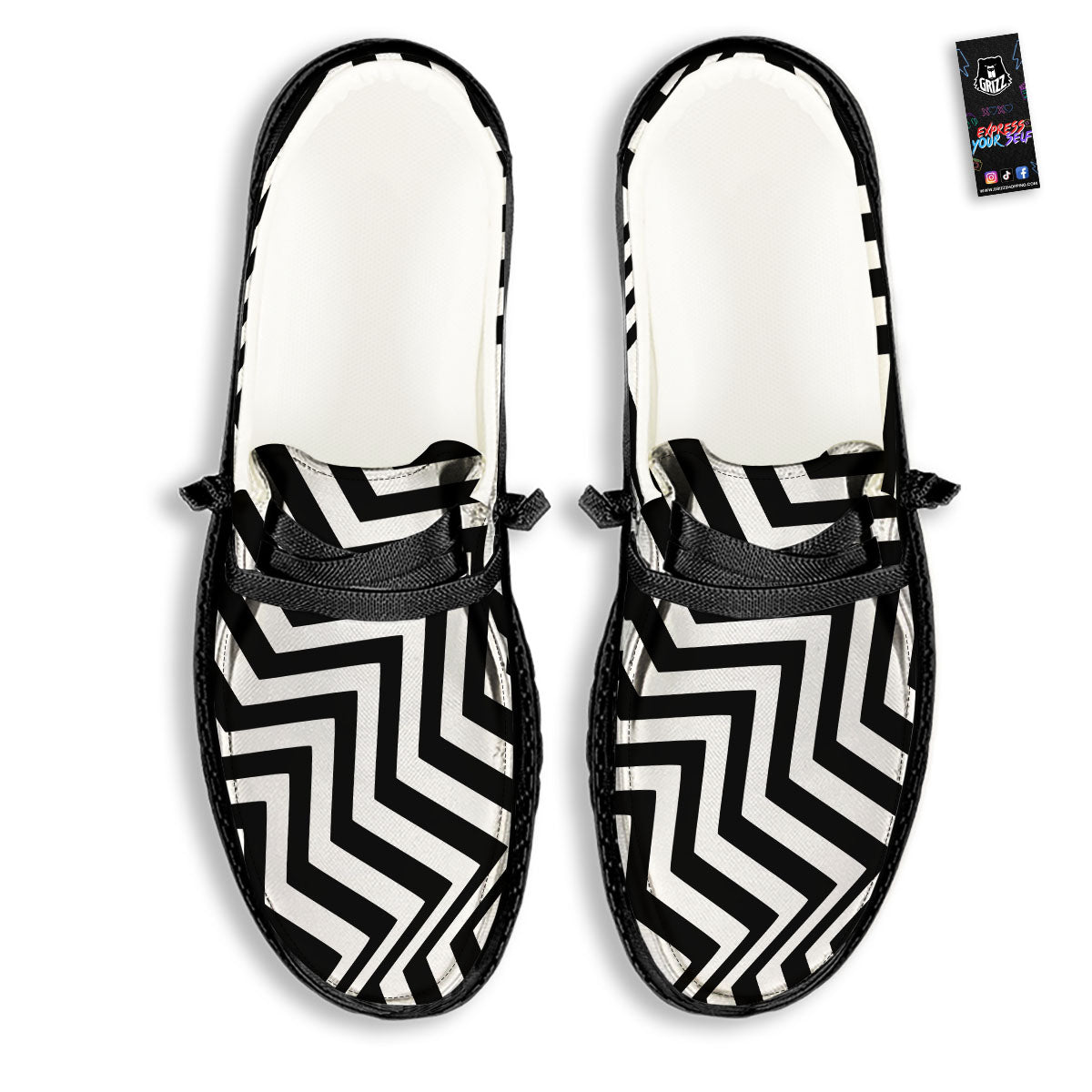 Zigzag Dazzle White And Black Print Black Loafers-grizzshop