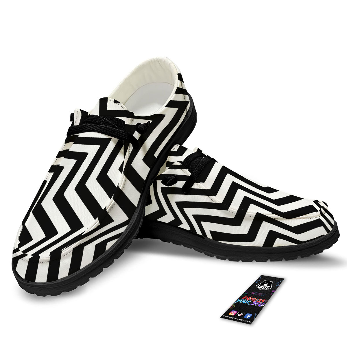 Zigzag Dazzle White And Black Print Black Loafers-grizzshop