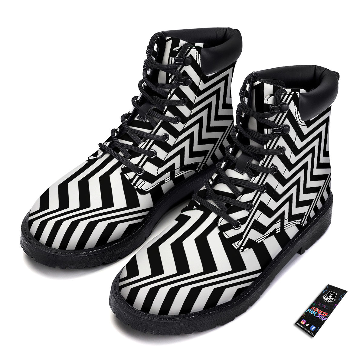 Zigzag Dazzle White And Black Print Boots-grizzshop