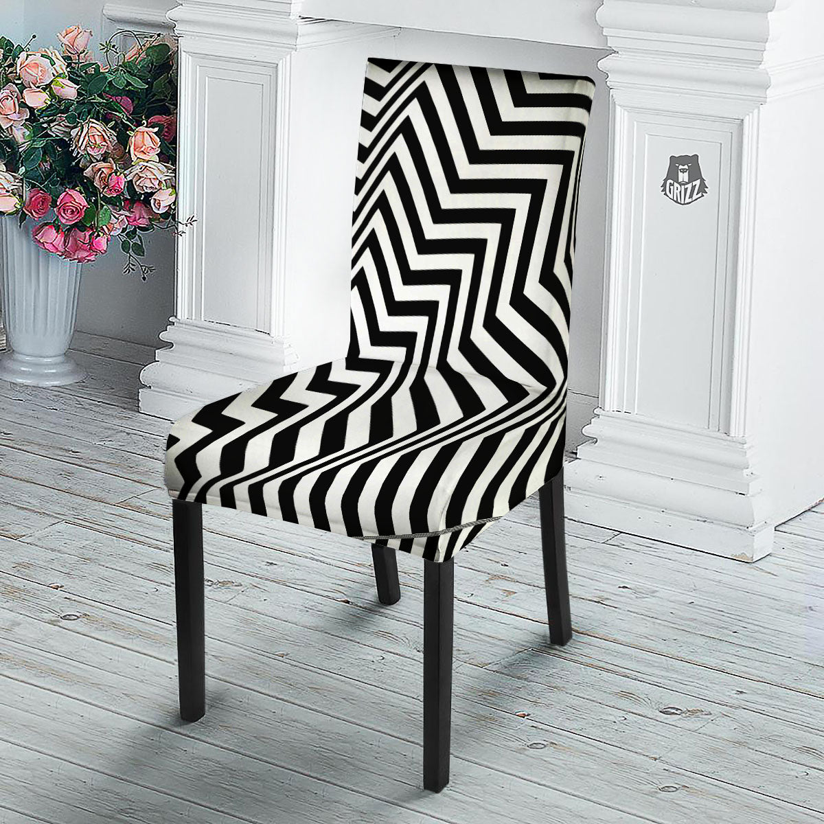 Zigzag Dazzle White And Black Print Dining Chair Slipcover-grizzshop