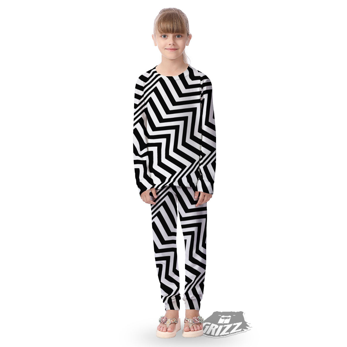 Zigzag Dazzle White And Black Print Kid's Pajamas-grizzshop