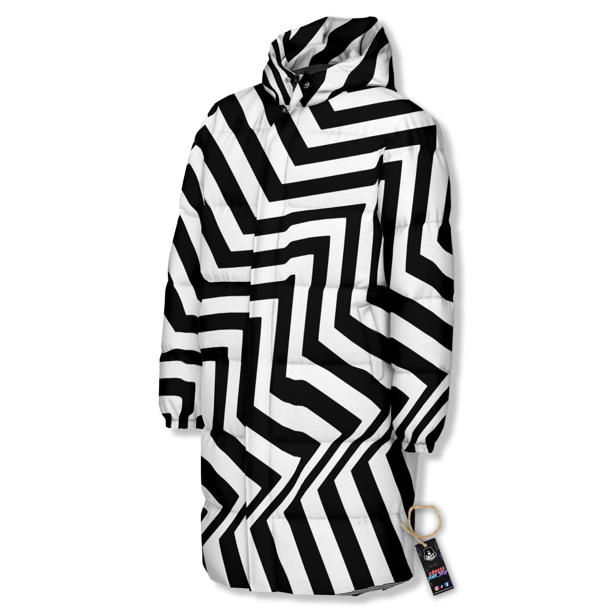 Zigzag Dazzle White And Black Print Long Down Jacket-grizzshop