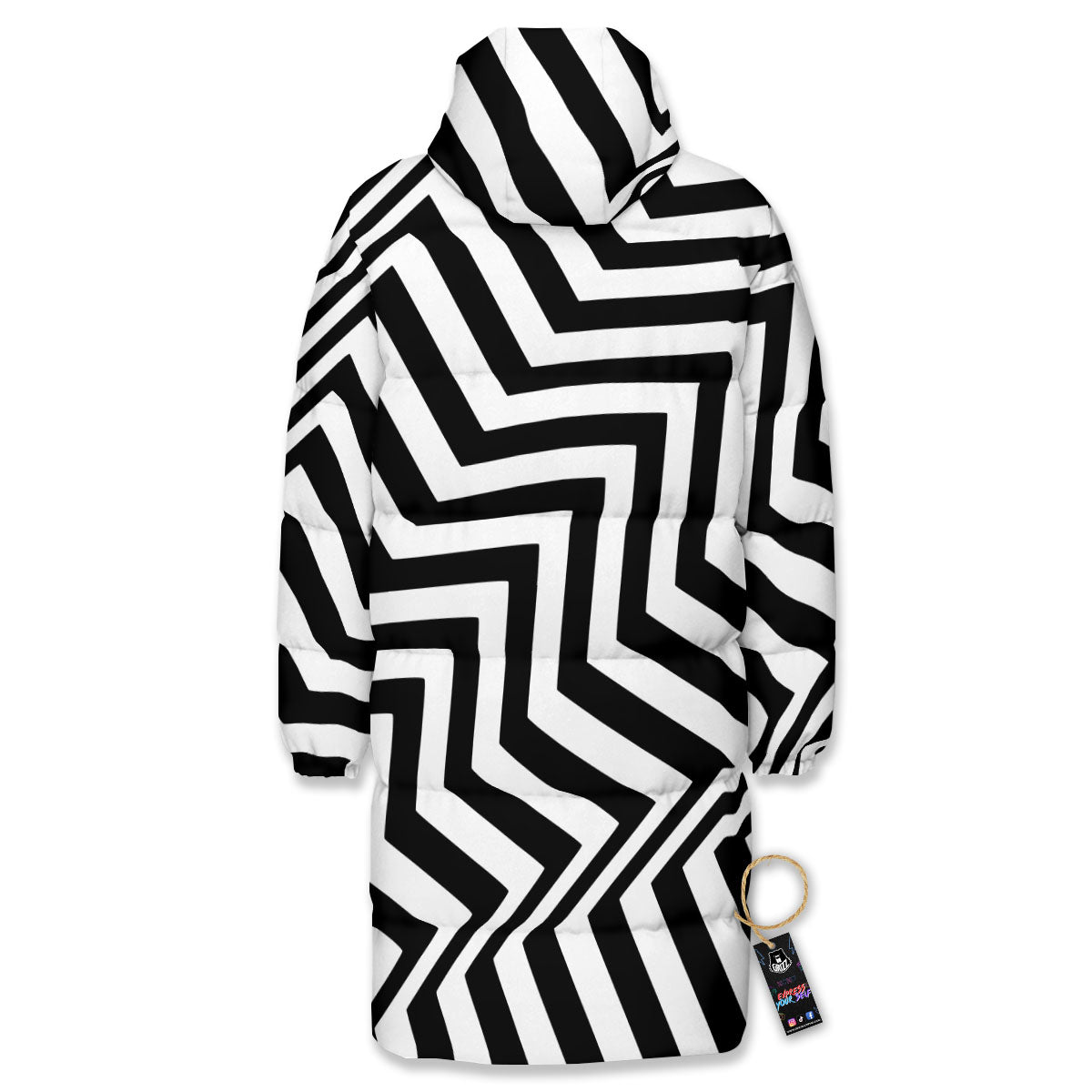 Zigzag Dazzle White And Black Print Long Down Jacket-grizzshop