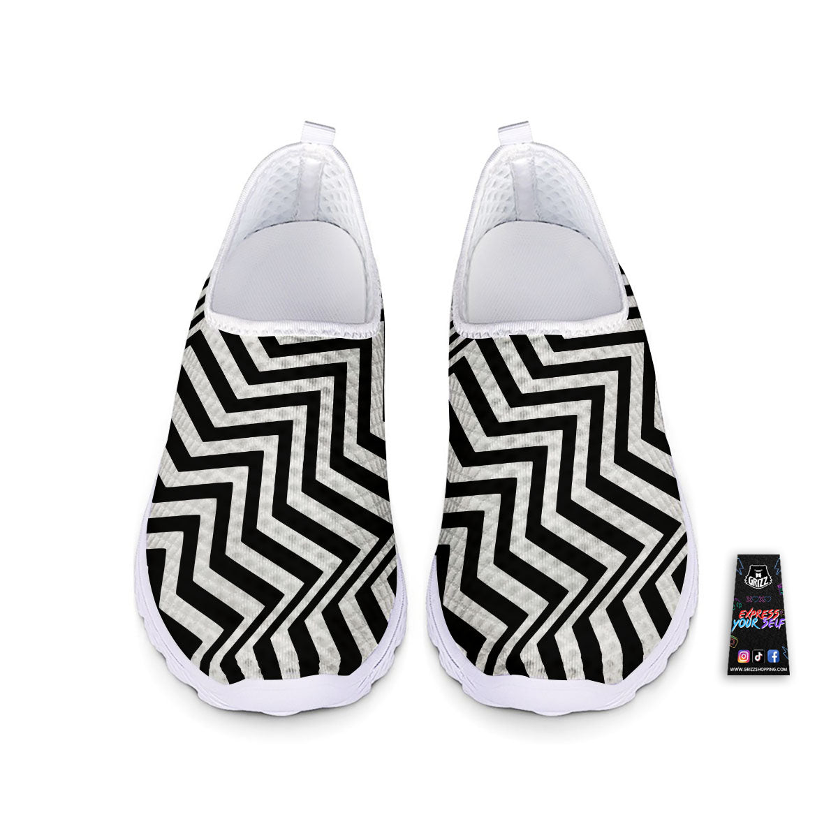 Zigzag Dazzle White And Black Print Nurse Shoes-grizzshop