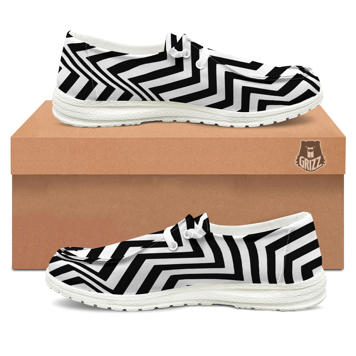 Zigzag Dazzle White And Black Print White Loafers-grizzshop