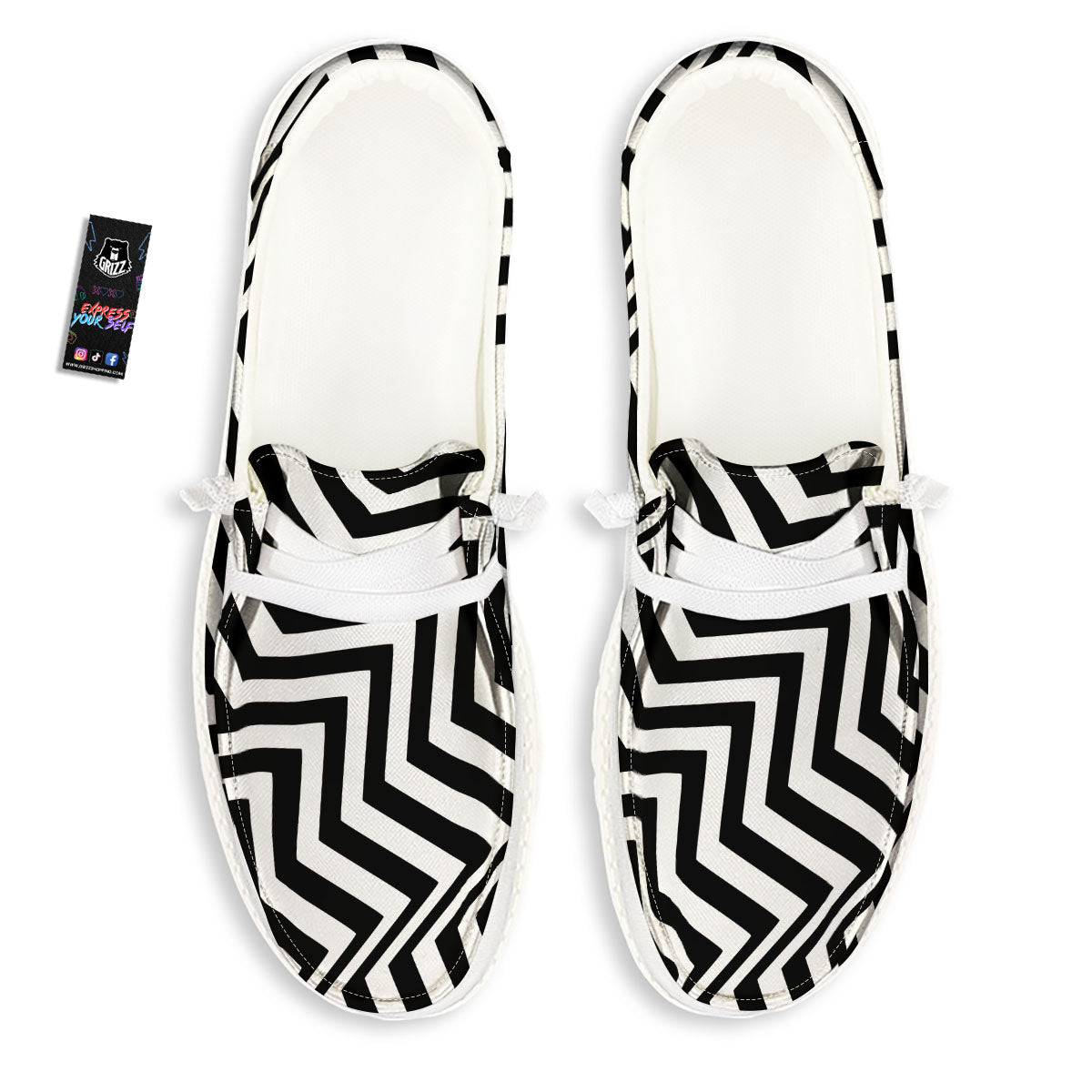 Zigzag Dazzle White And Black Print White Loafers-grizzshop