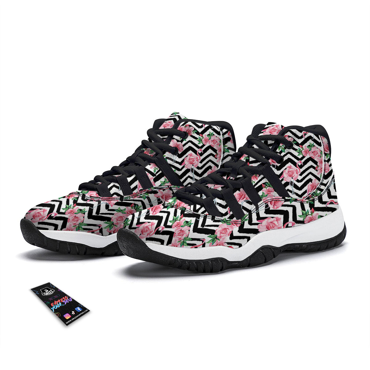Zigzag Flamingo Flower Black Bball Shoes-grizzshop