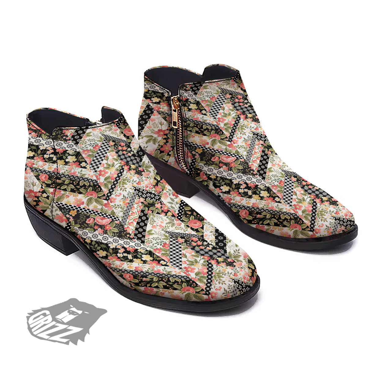 Zigzag Floral Patchwork Print Pattern Ankle Boots-grizzshop