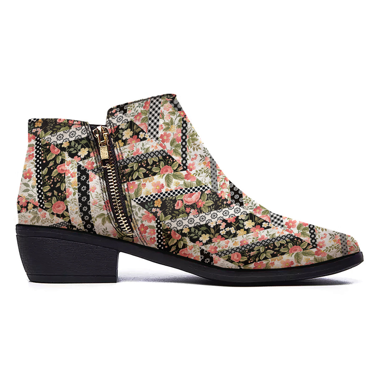 Zigzag Floral Patchwork Print Pattern Ankle Boots-grizzshop