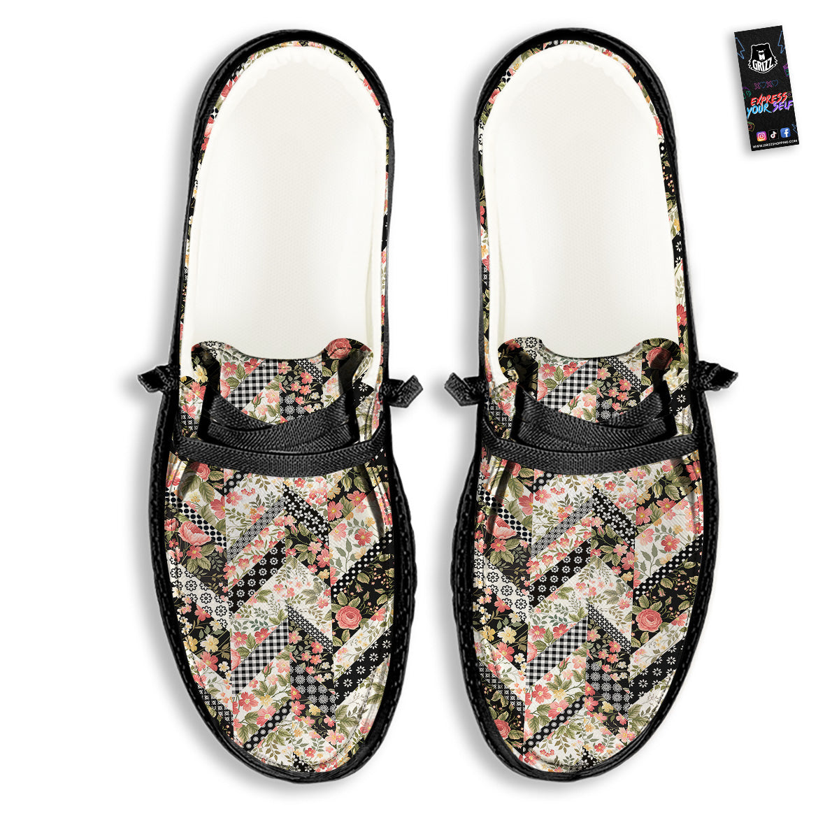 Zigzag Floral Patchwork Print Pattern Black Loafers-grizzshop
