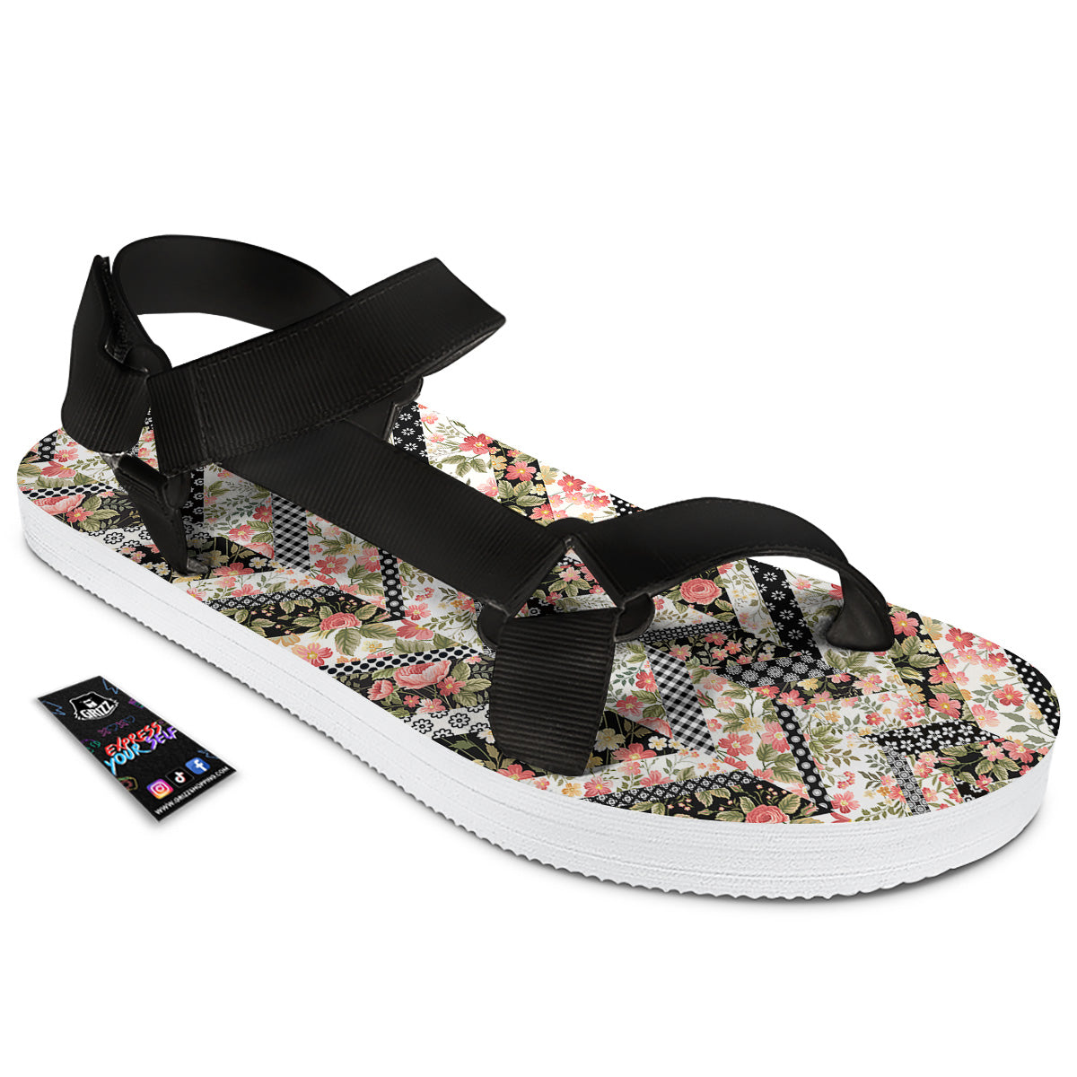 Zigzag Floral Patchwork Print Pattern Black Open Toe Sandals-grizzshop