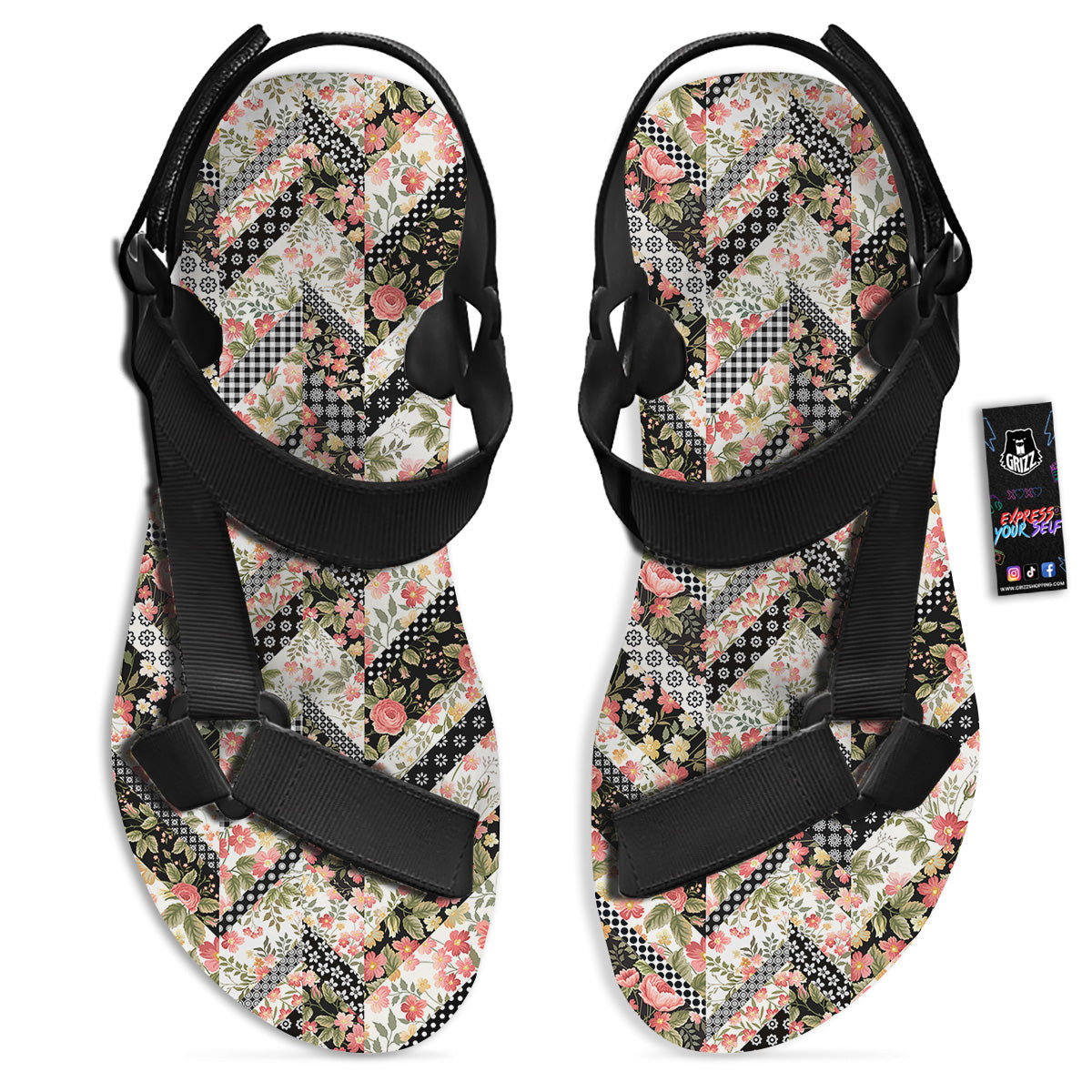 Zigzag Floral Patchwork Print Pattern Black Open Toe Sandals-grizzshop