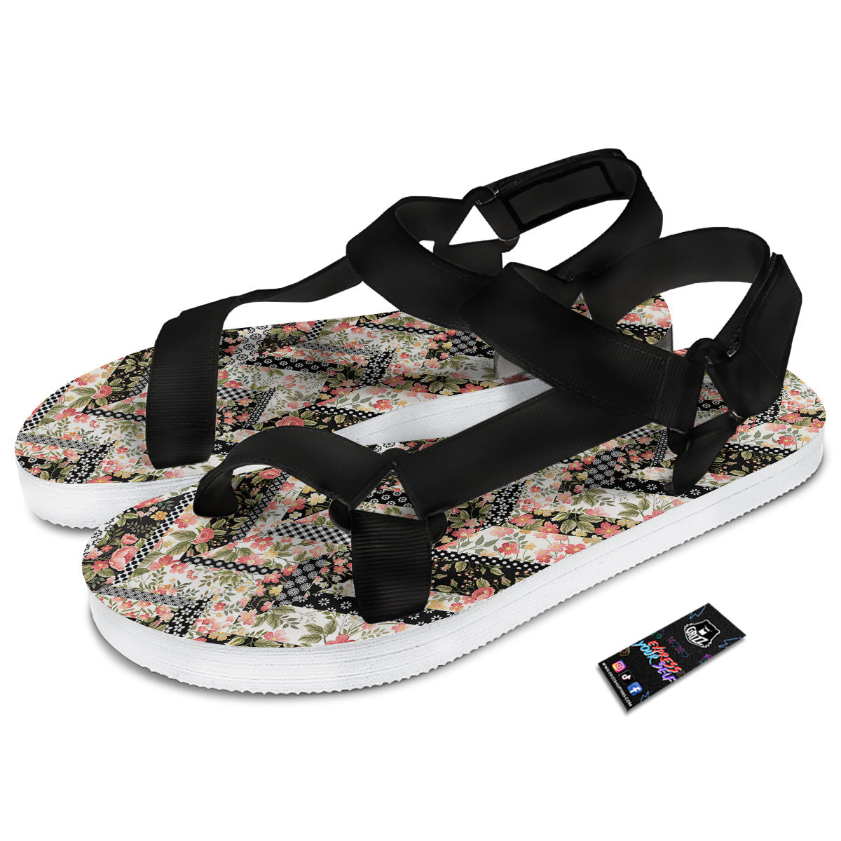Zigzag Floral Patchwork Print Pattern Black Open Toe Sandals-grizzshop