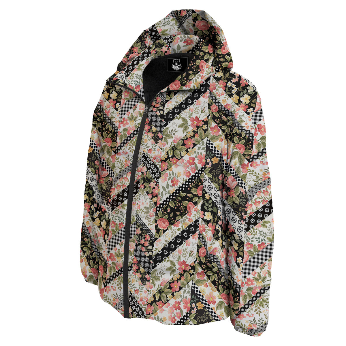 Zigzag Floral Patchwork Print Pattern Down Jacket-grizzshop