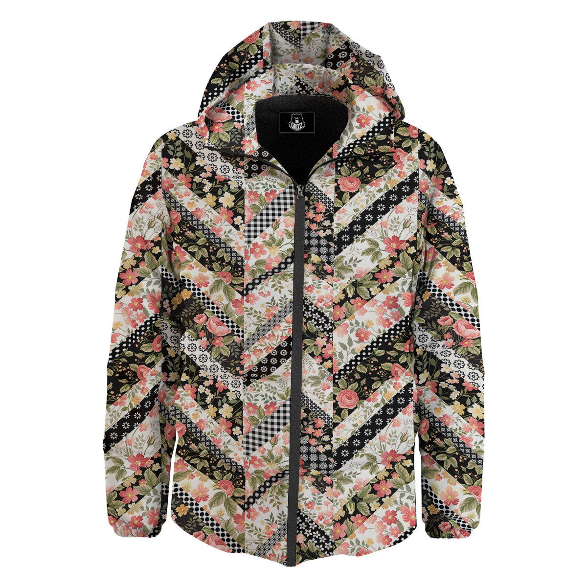 Zigzag Floral Patchwork Print Pattern Down Jacket-grizzshop