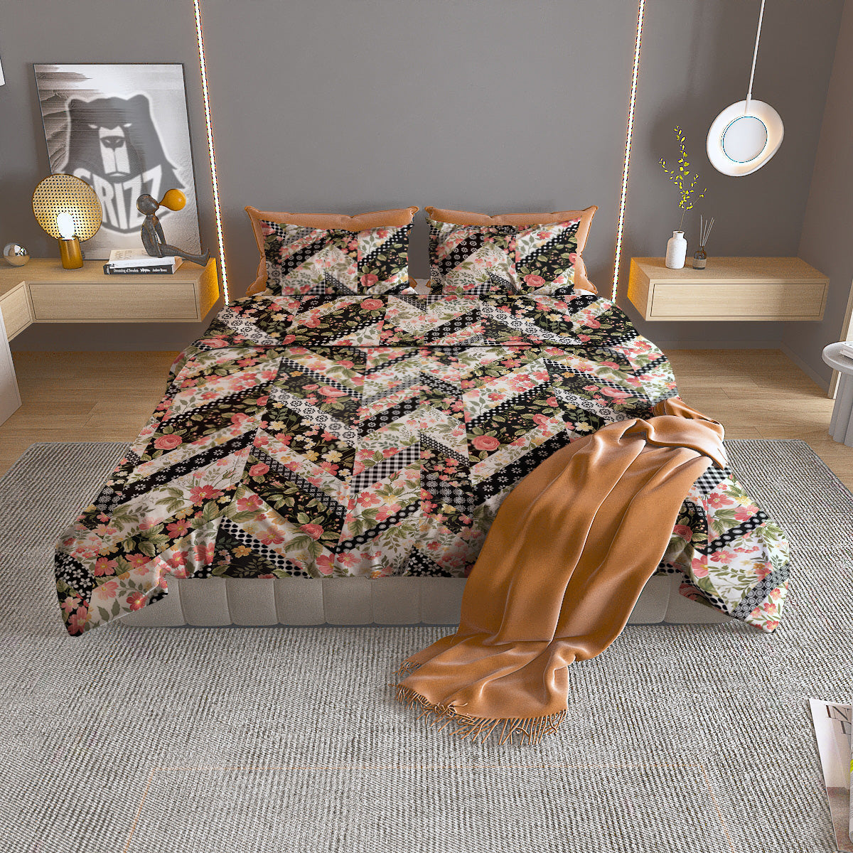 Zigzag Floral Patchwork Print Pattern Duvet Cover Bedding Set