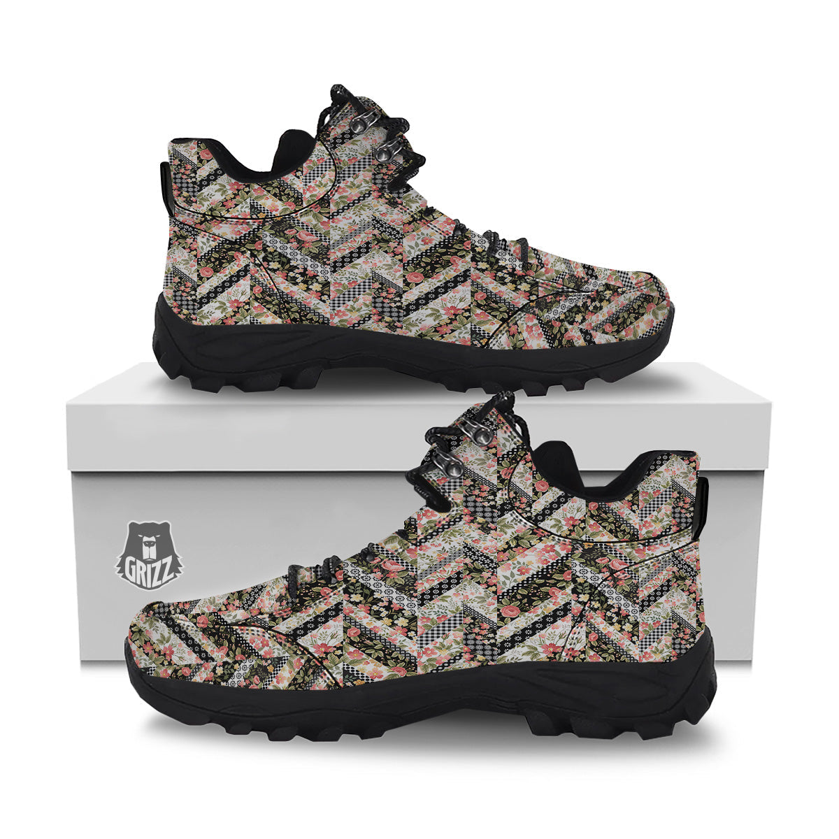 Zigzag Floral Patchwork Print Pattern Hiking Shoes-grizzshop