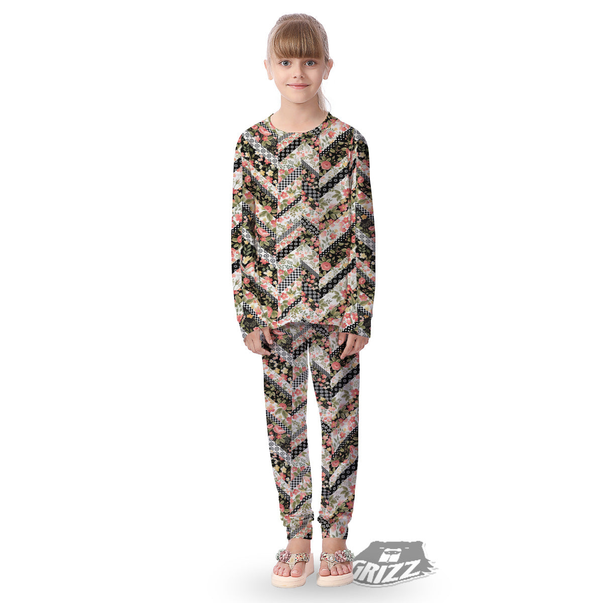 Zigzag Floral Patchwork Print Pattern Kid's Pajamas-grizzshop