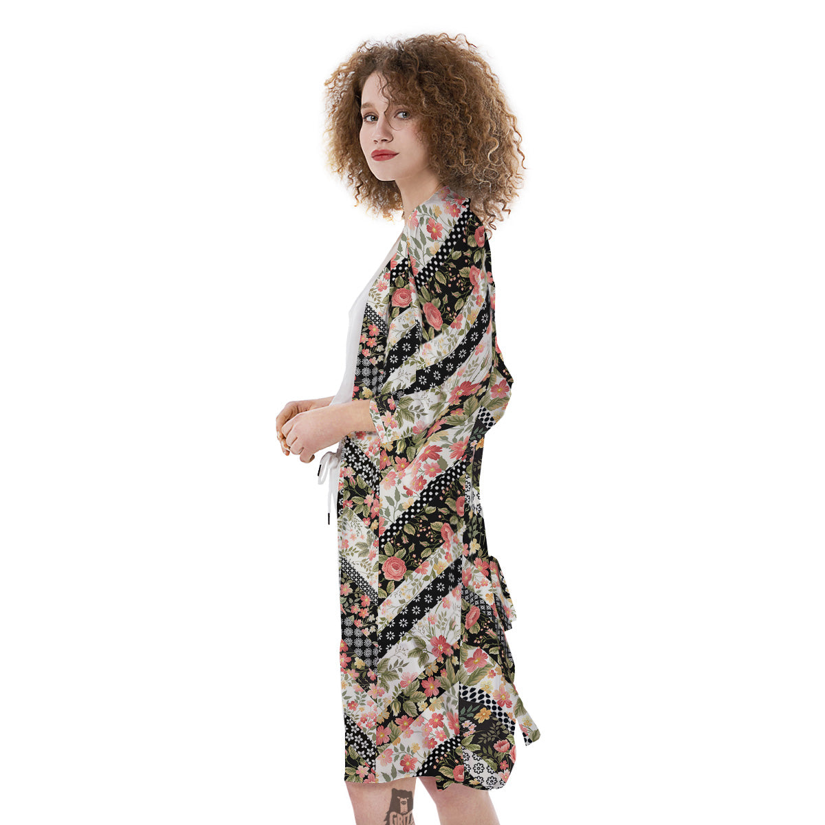 Zigzag Floral Patchwork Print Pattern Kimono-grizzshop