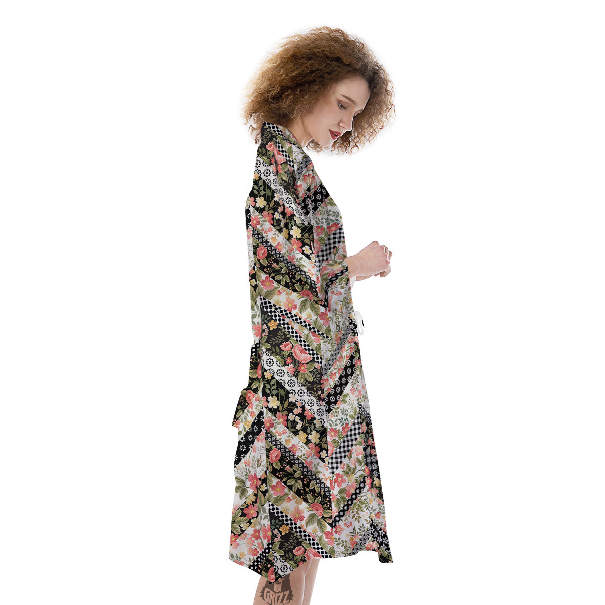 Zigzag Floral Patchwork Print Pattern Kimono-grizzshop