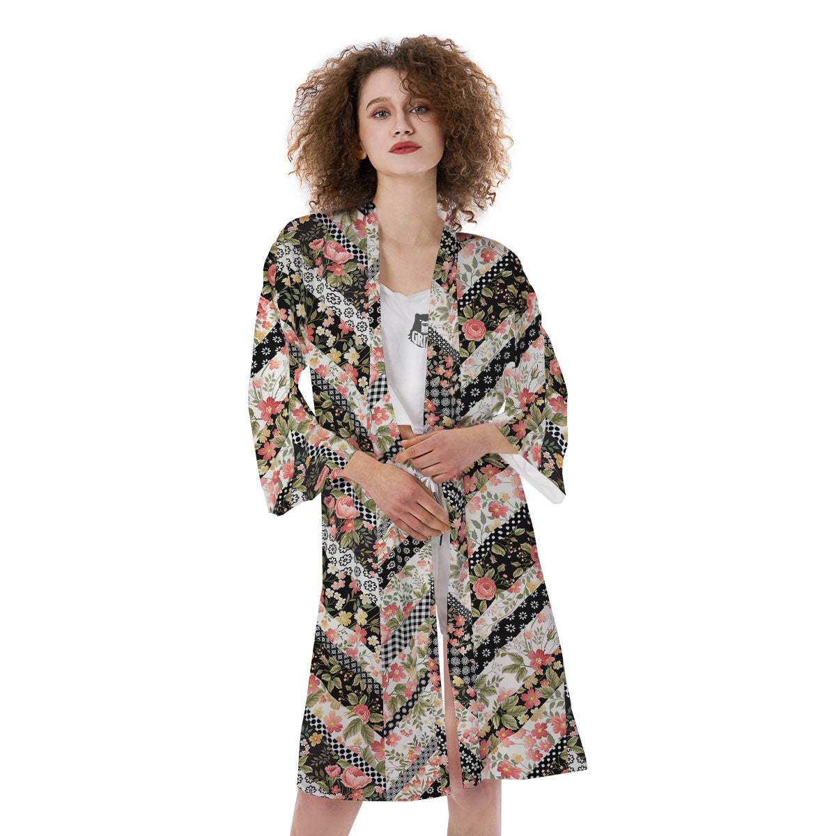 Zigzag Floral Patchwork Print Pattern Kimono-grizzshop