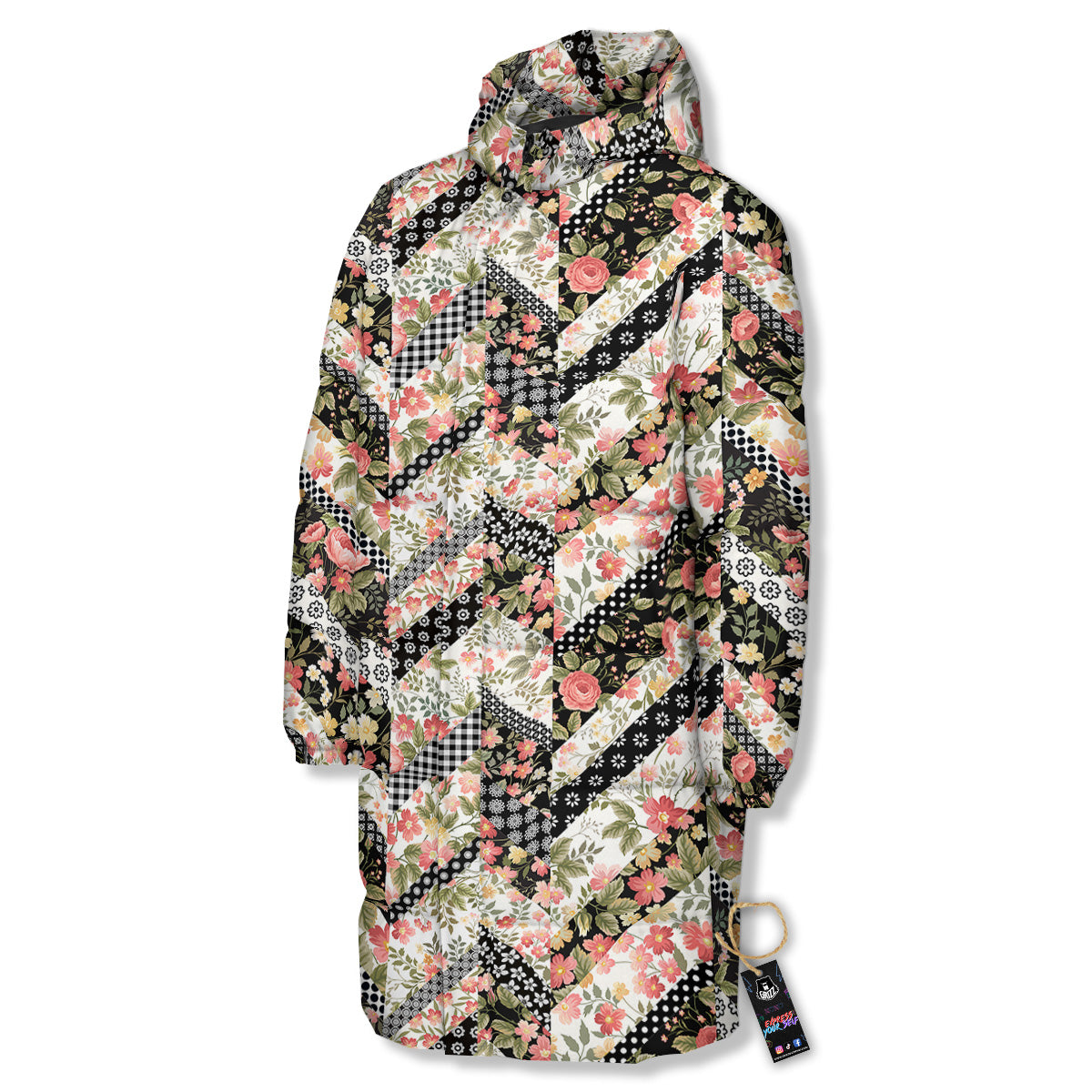 Zigzag Floral Patchwork Print Pattern Long Down Jacket-grizzshop